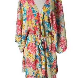 Floral tropical print cover up with drawstring waist adjustable resort wear M/L